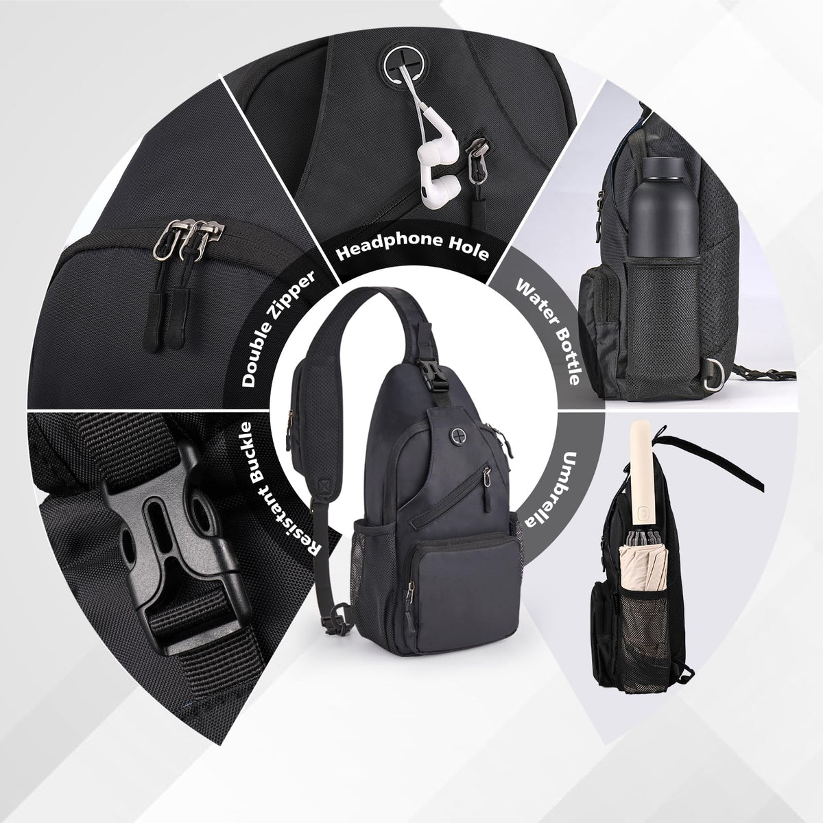 Javolto Sling Bag for men Crossbody Shoulder Backpack Chest Bag Travel Hiking Daypack-Black