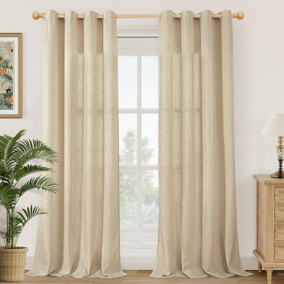YoungsTex Burlap Linen Curtains with Grommet 84 Inch Length for Living Room, Natural Tan Light Filtering Drapes Privacy Semi Sheer for Farmhouse Bedroom, 2 Panels, 52 X 84 Inch