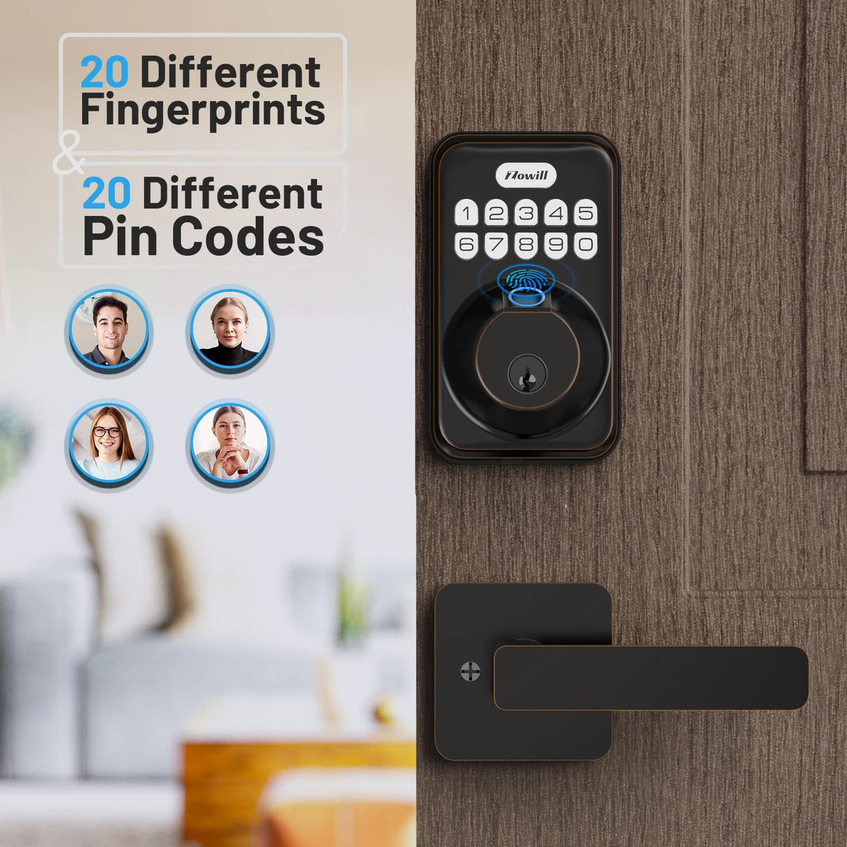 Fingerprint Door Lock, Zowill Keyless Entry Door Lock Keypad Deadbolt with 20 Biometric Fingerprints, 20 User Codes, Auto Lock, Anti-Peeping Password, IP54 Waterproof, Easy Installation Smart Lock