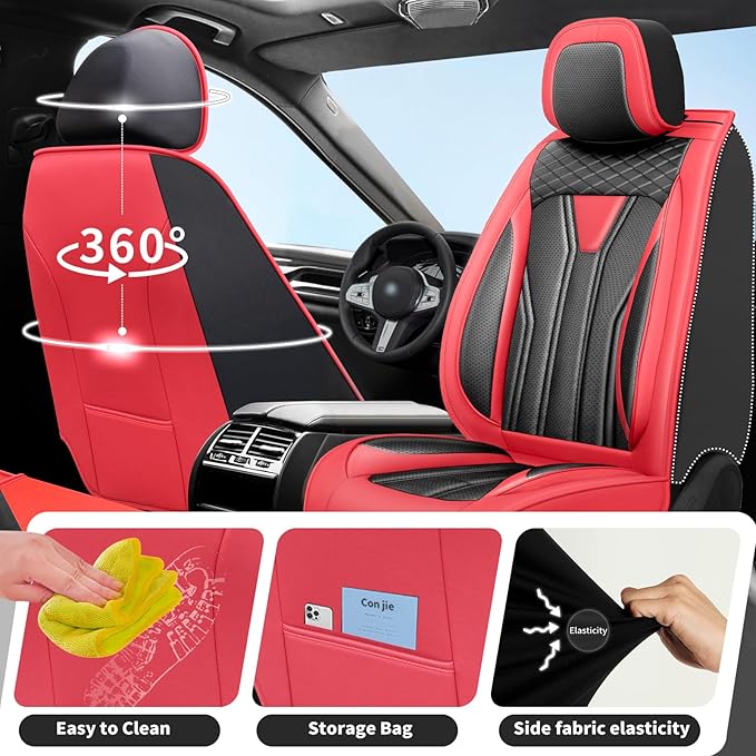 Fit Frontier Car Seat Covers Premium Leather for Nissan Frontier 2009-2025 2026. Waterproof， Breathable, Scratch-Resistant & All-Weather Seat Cushion Protector（Full Set,Red&Black
