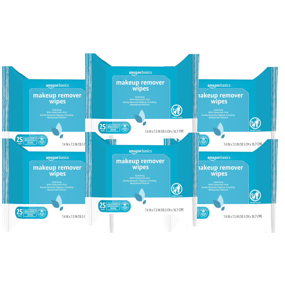 Amazon Basics Makeup Remover Wipes, Gentle Cleansing, Dermatologist Tested, Hydrating with Hyaluronic Acid, Plant-Based, Alcohol-Free, Removes Waterproof Mascara, No-Rinse Formula, 25 Count, 6-Pack