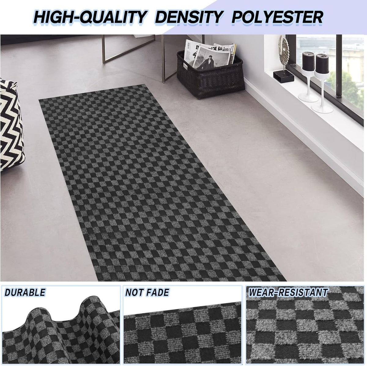 Custom Size Backed Non-Slip Area Rugs Runner, Easy Clean, Waterproof Runner Rugs for Hallway Entryway, Kitchen, Laundry, 3FT x 67FT, Gray Checkered