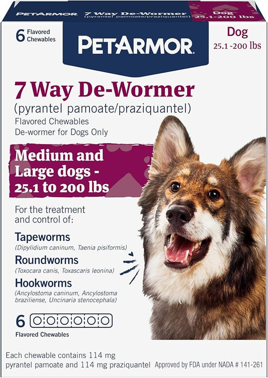 PetArmor 7 Way De-Wormer for Dogs, Oral Treatment for Tapeworm, Roundworm & Hookworm in Large Dogs & Puppies (Over 25 lbs), Worm Remover (Praziquantel & Pyrantel Pamoate), 6 Flavored Chewables