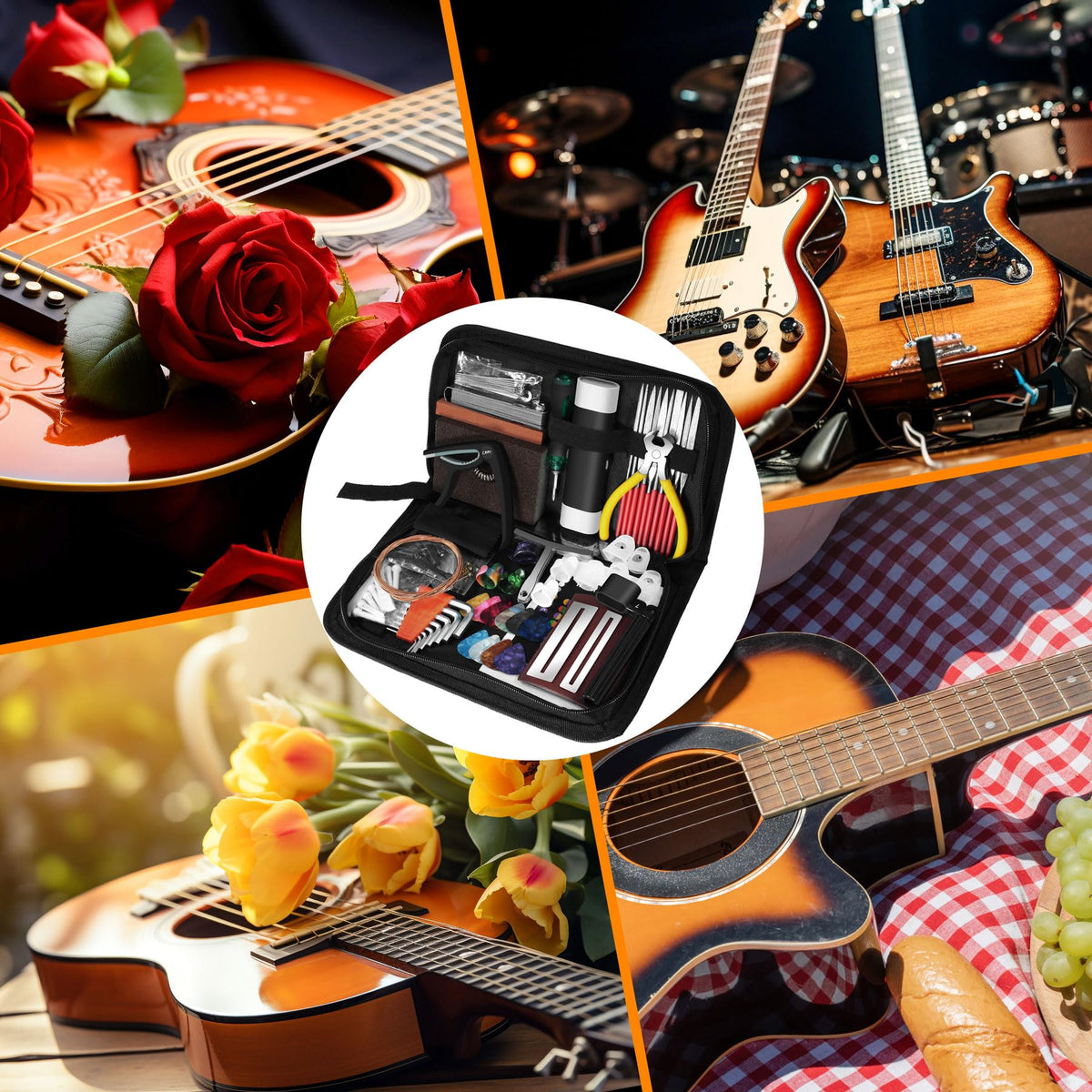 106Pcs Guitar Tool Kit, Guitar Accessories Guitar Maintenance Kit, Guitar Repair Kit with Capo Guitar Strings Picks Bridge Pins Gauge, TIMDAM Guitar Setup Kit for Ukulele Bass Mandolin Banjo Guitar