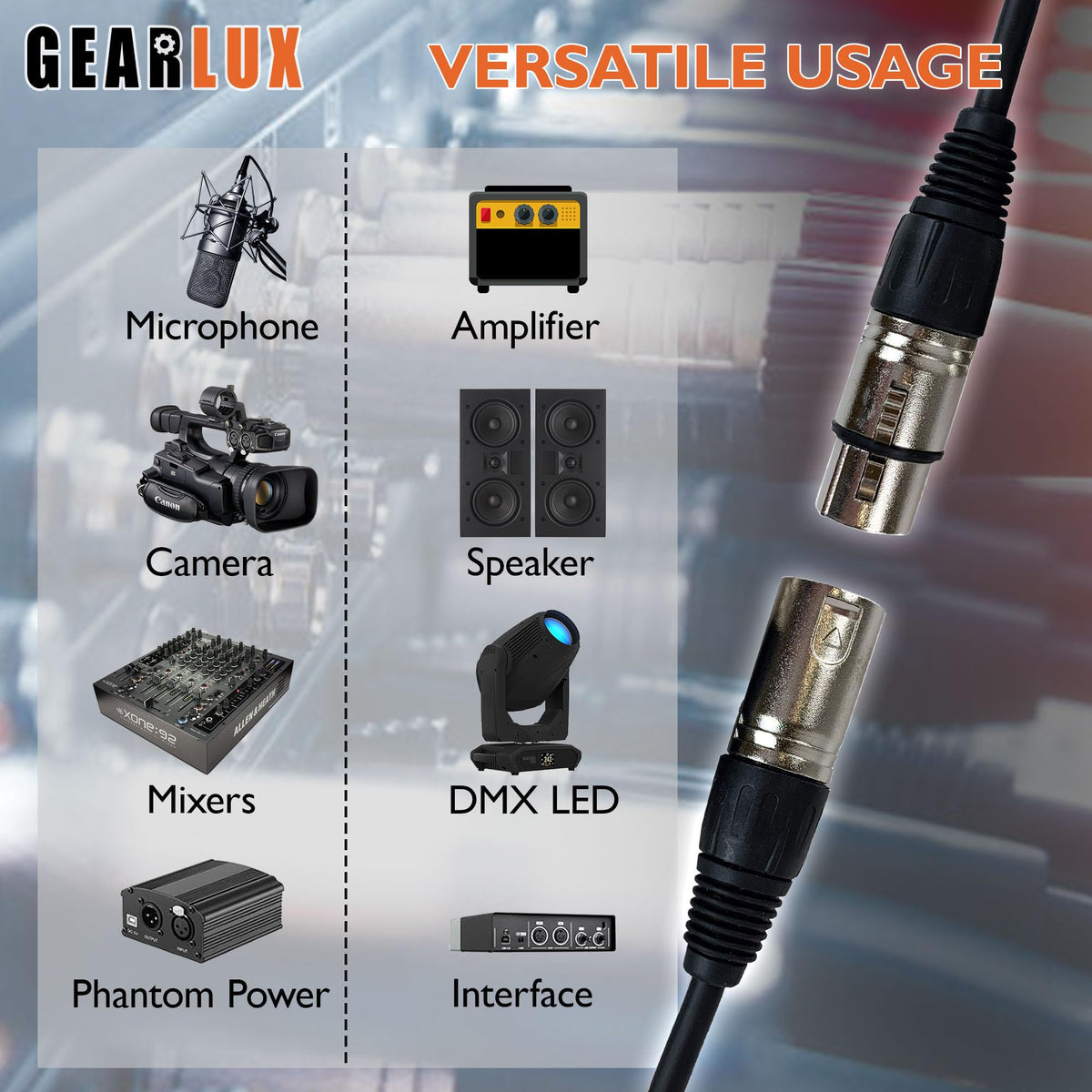 Gearlux DMX Cable, 3 Pin, Male to Female, 100 Feet - 2 Pack