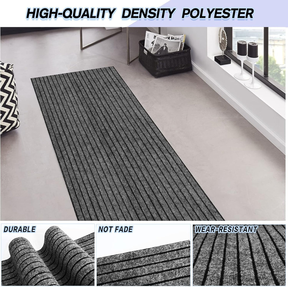 Custom Size Backed Non-Slip Area Rugs Runner, Easy Clean, Waterproof Runner Rugs for Hallway Entryway, Kitchen, Laundry, 4FT x 67FT, Gray Stripe