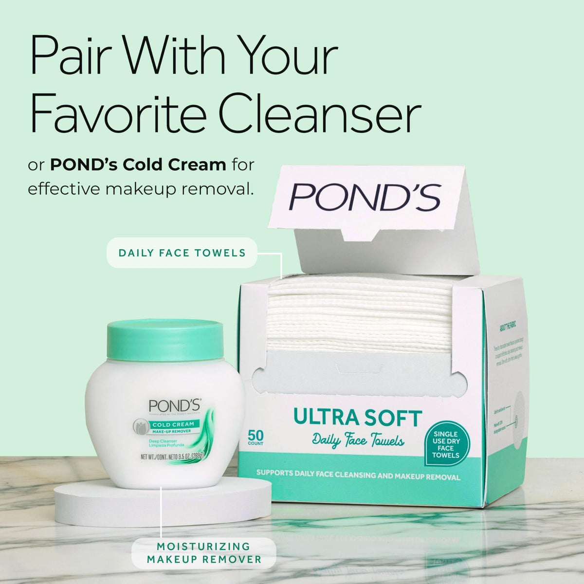 POND’S Ultra Soft Dry Face Towels, 50 Count, Biobased Disposable Wipes for Makeup Removal, Gently Exfoliating, Durable and Gentle for Sensitive Skin