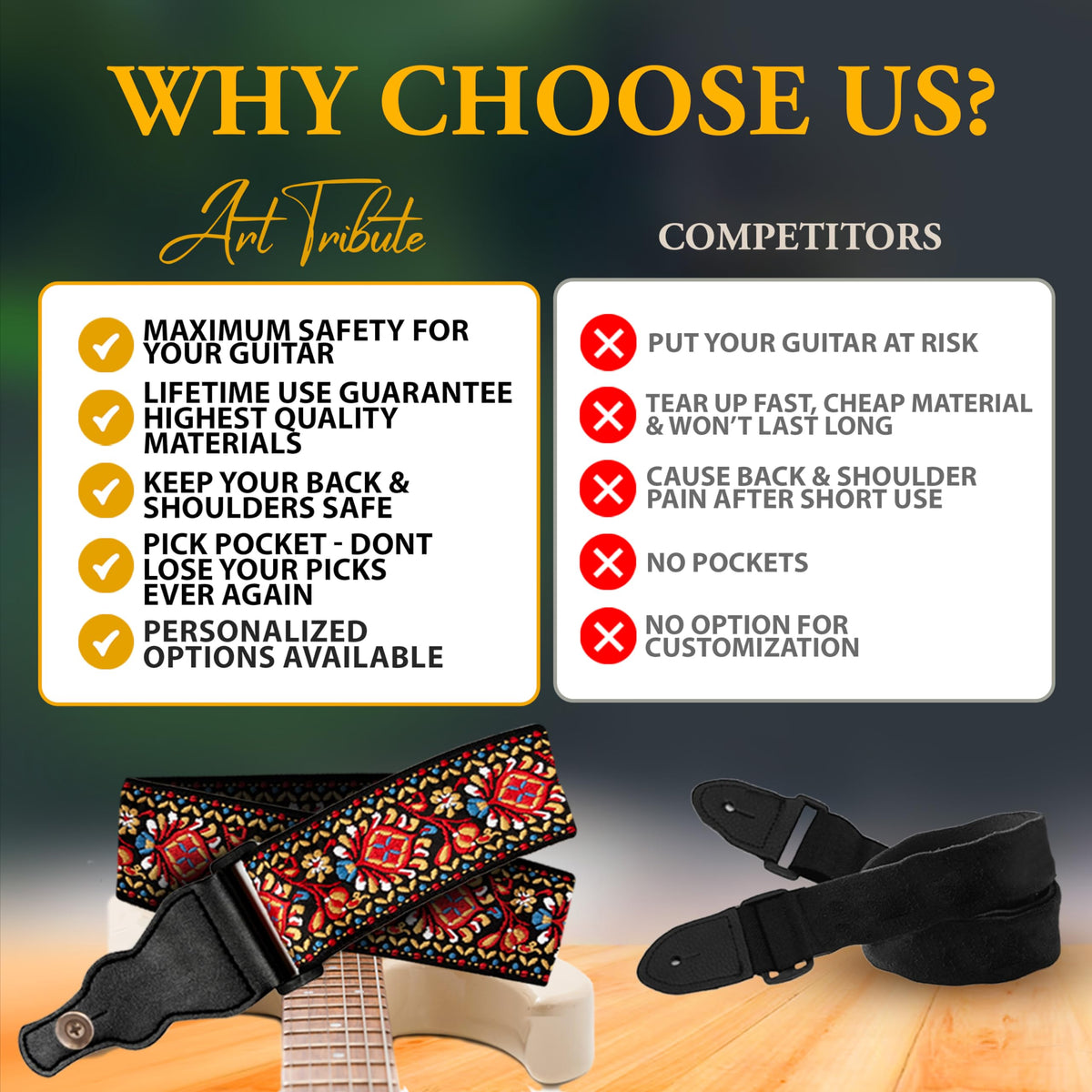 Art Tribute Guitar Strap For Acoustic, Electric and Bass Guitars, Adjustable Padded Leather Ends Guitar Straps For Men and Women, Includes 2 Picks, Strap Locks and Strap Button