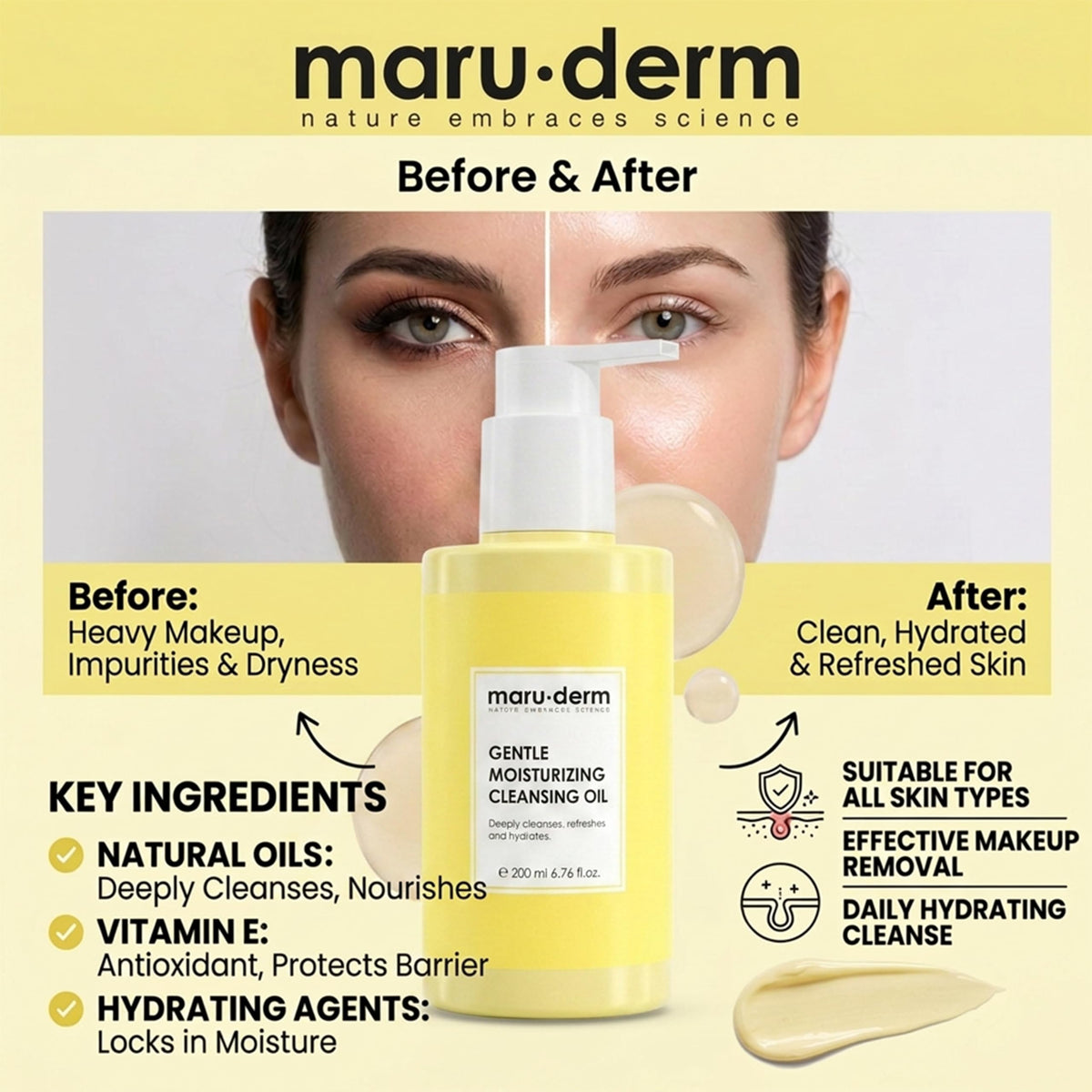 Gentle Cleansing Oil for Face & Body - Makeup Remover & Double Cleanser with Niacinamide & Panthenol - Removes Sunscreen, Sebum & Impurities, Hydrating Formula for Sensitive & Dry Skin – 200ml