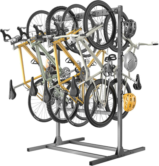 Ultrawall Freestanding Bike Stand, Vertical Bike Storage Stand Rack for Garage, Indoor Bicycle Organizer with Adjustable Hooks, Holds Up to 6 Bikes & 6 Helmets