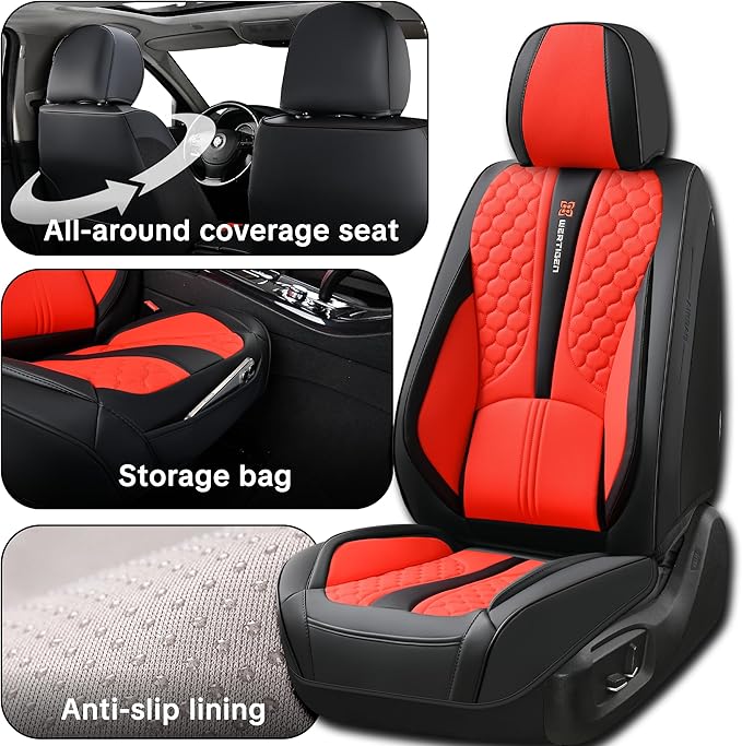Red Car Seat Covers Full Set – Luxury Waterproof Leather Auto Seat Protector with Airbag Compatible Design, Breathable Non-Slip Cushion, Easy Installation, Fits Most Cars