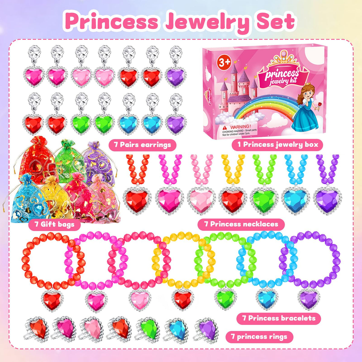 DIZRNOI Princess Jewelry Set for Girls with Colorful Necklace Bracelets Rings Earrings Birthday Gifts Party Favors Pretend Play Dress up Costume Friendship Jewelry for Toddler Girls (Heart)