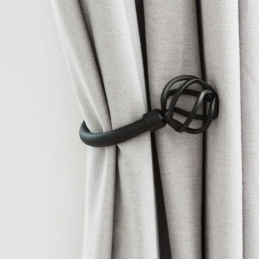 HIKMLK Geometric Industrial Curtain Holdbacks 2pcs, Solid Cast Iron Heavy Duty Curtain Tiebacks for Wall, Side Holder Pull Back Hooks for Drapes Tie Back Home Window Decor (Matt Black)
