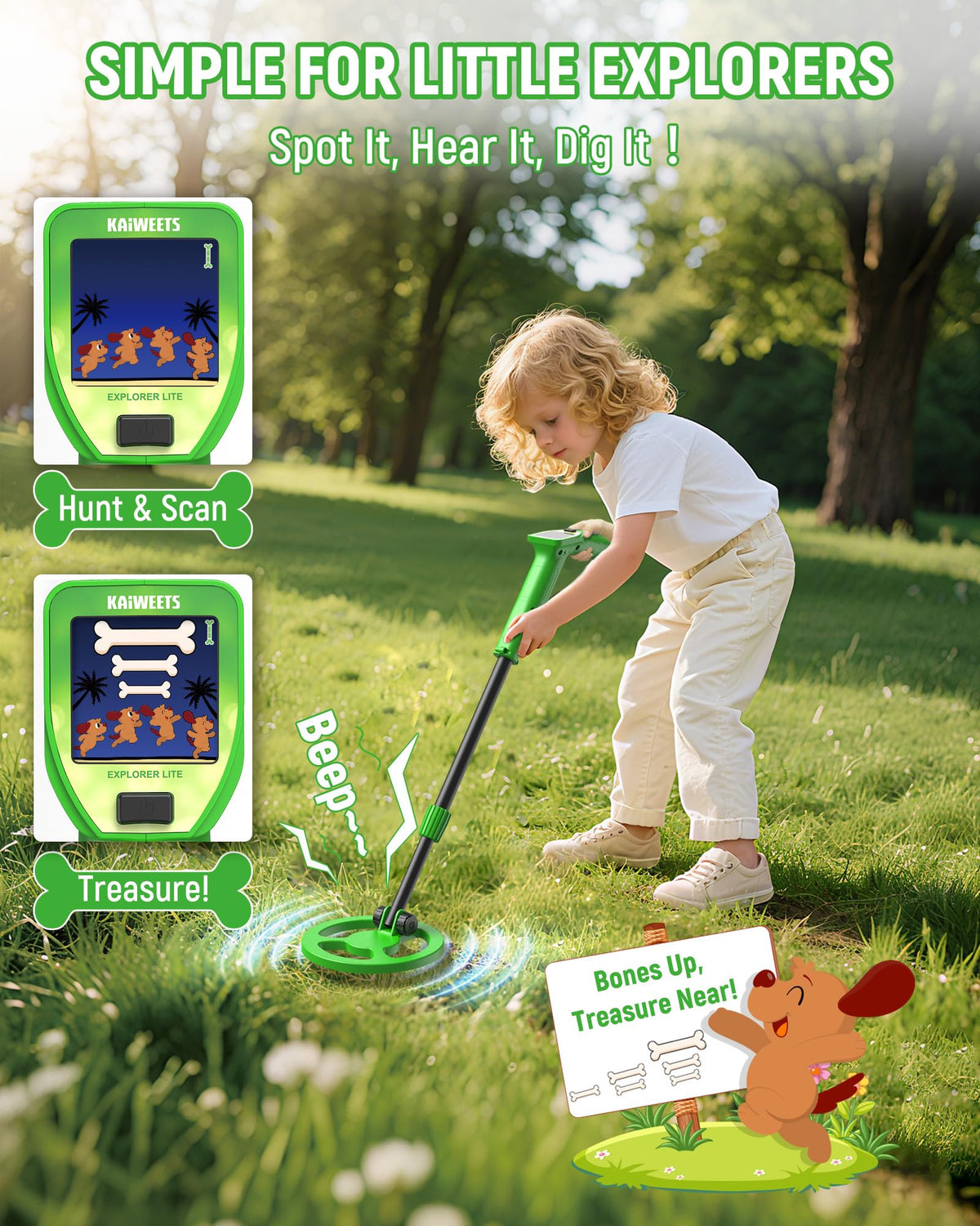 KAIWEETS Kids Metal Detector, 2026 New Animated Color Screen, Adjustable Stem, Lightweight, Treasure Hunt Gift, Complete Starter Kit with Backpack, Bonus Coins, Shovel, Rake (Explorer LITE)