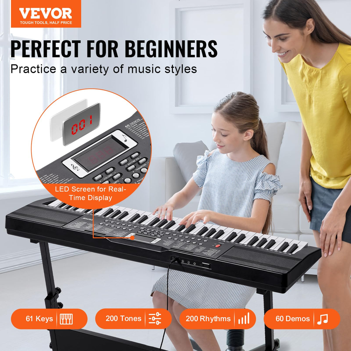 VEVOR 61 Key Digital Keyboard Piano, 200 Tones 200 Rhythms, Electric Portable Piano Keyboard Kit with 60 Demo Songs Built-In Dual Speakers Headphones, Piano Stickers for Beginners Learning