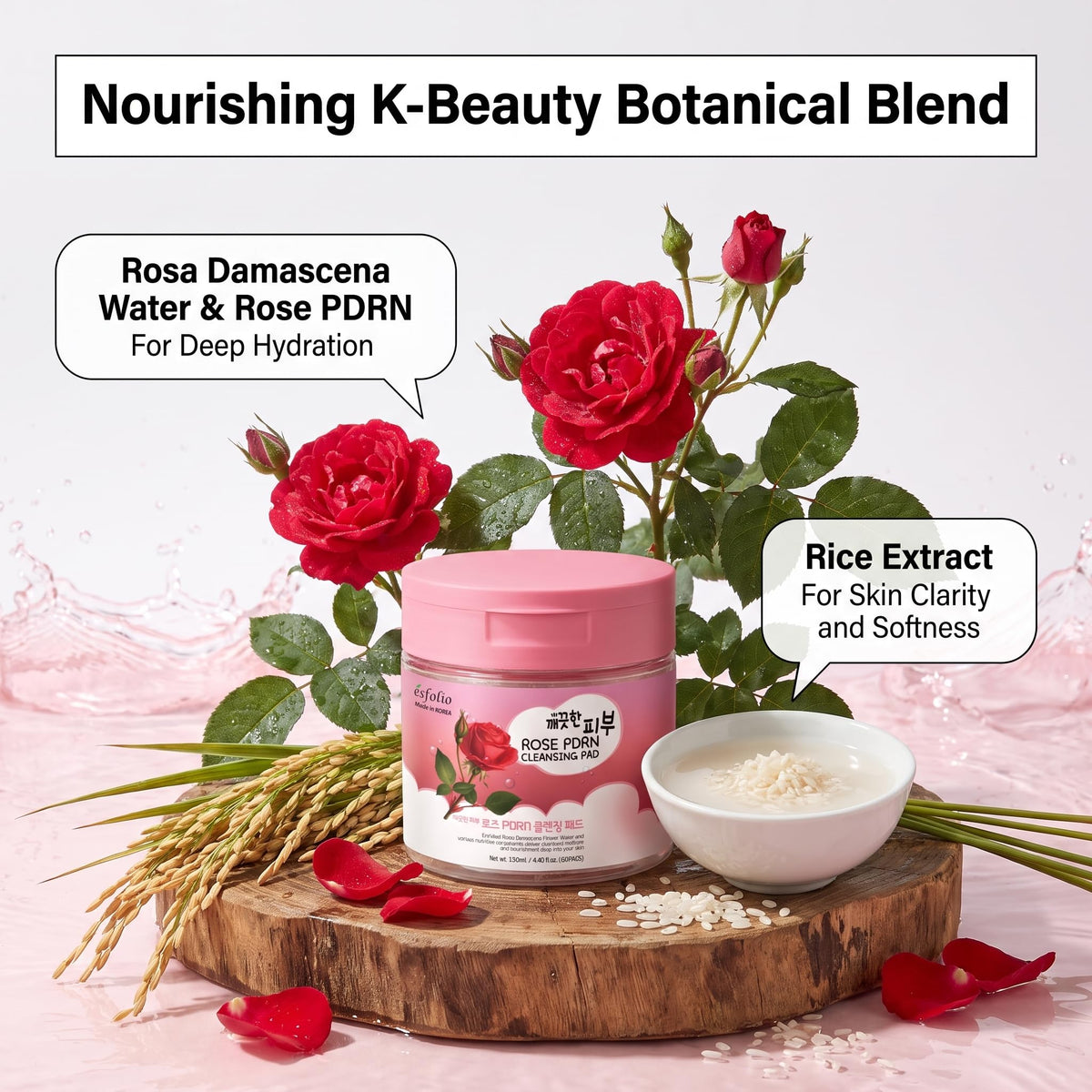 Esfolio made in Korea PDRN Rose Cleansing Pad Gentle Daily Facial Pads with Rice Extract for Skin Clarity and Softness Easy One-Step Cleanser for Radiant Complexion Korean Skincare 60 Count