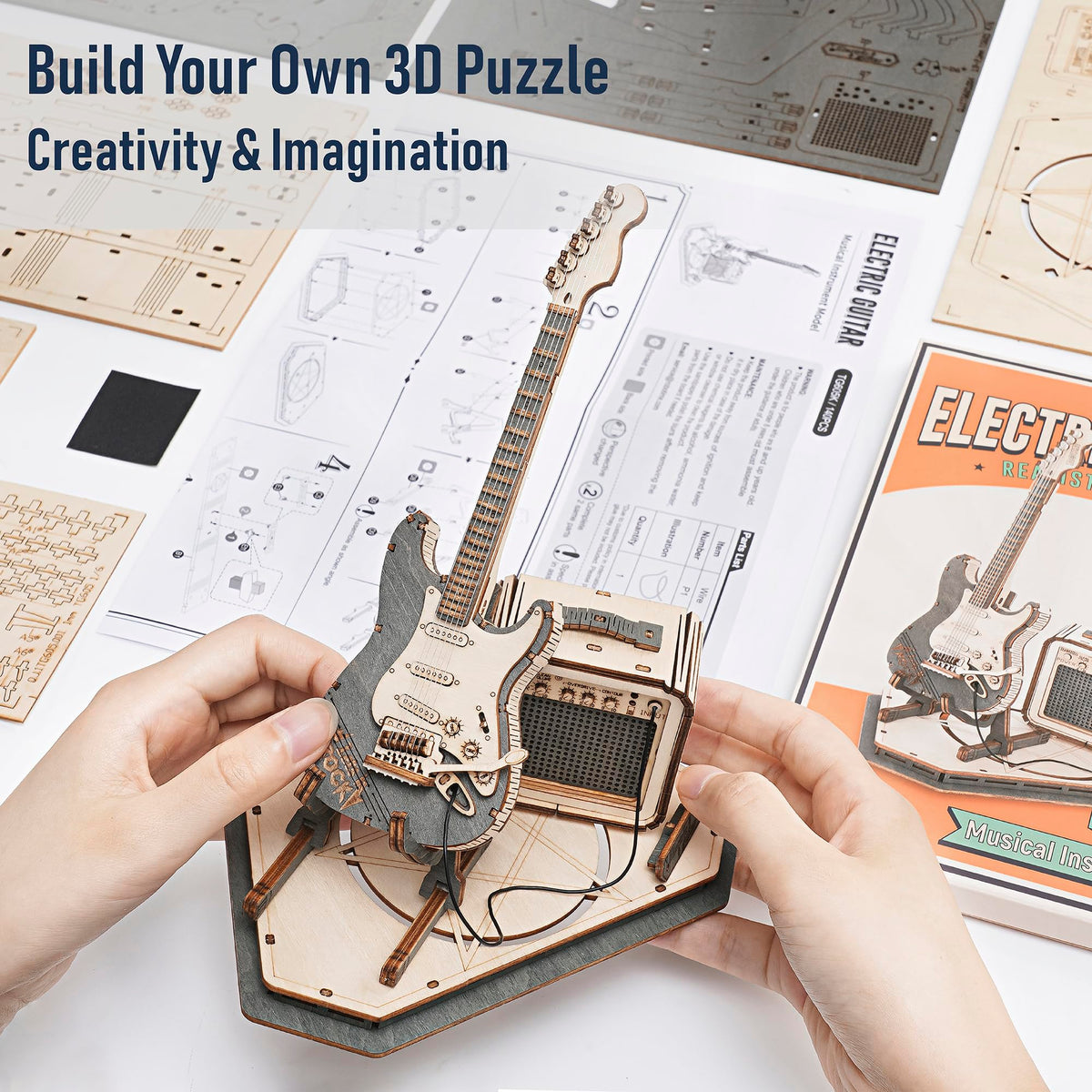 Rowood 3D Puzzles for Adults, DIY Wooden Model Kit for Adults to Build, STEM Electric Guitar Desk Toy Project, Birthday Gifts for Music Lovers