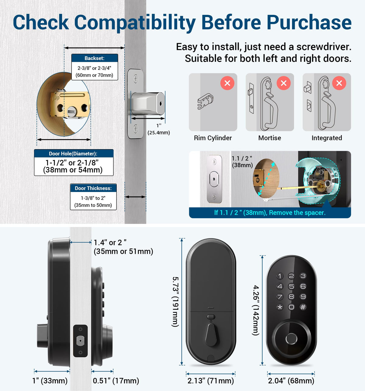 TEEHO TE342 Fingerprint Smart Keyless Entry Door Lock with Keypad, Bluetooth App Remote Control - Electronic Deadbolt for Front Door - Auto Lock - Matte Black