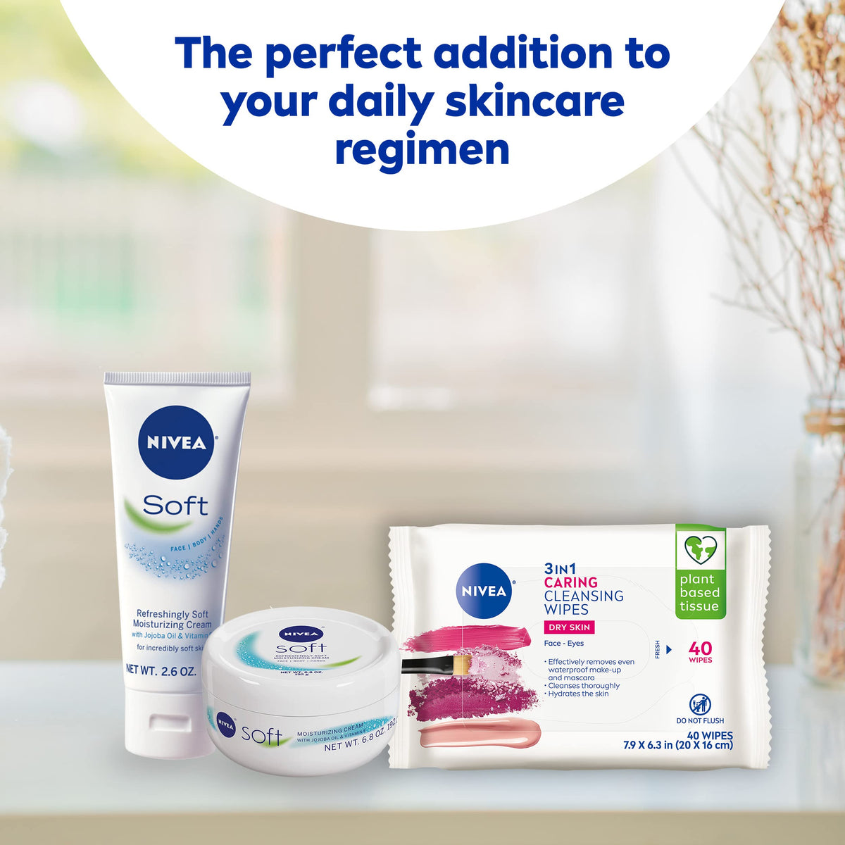 NIVEA 3in1 Caring Cleansing Wipes for Face and Eyes, Effective as a Waterproof Makeup Remover, Gentle Facial Cleanser for Dry and Sensitive Skin, 40 Ct