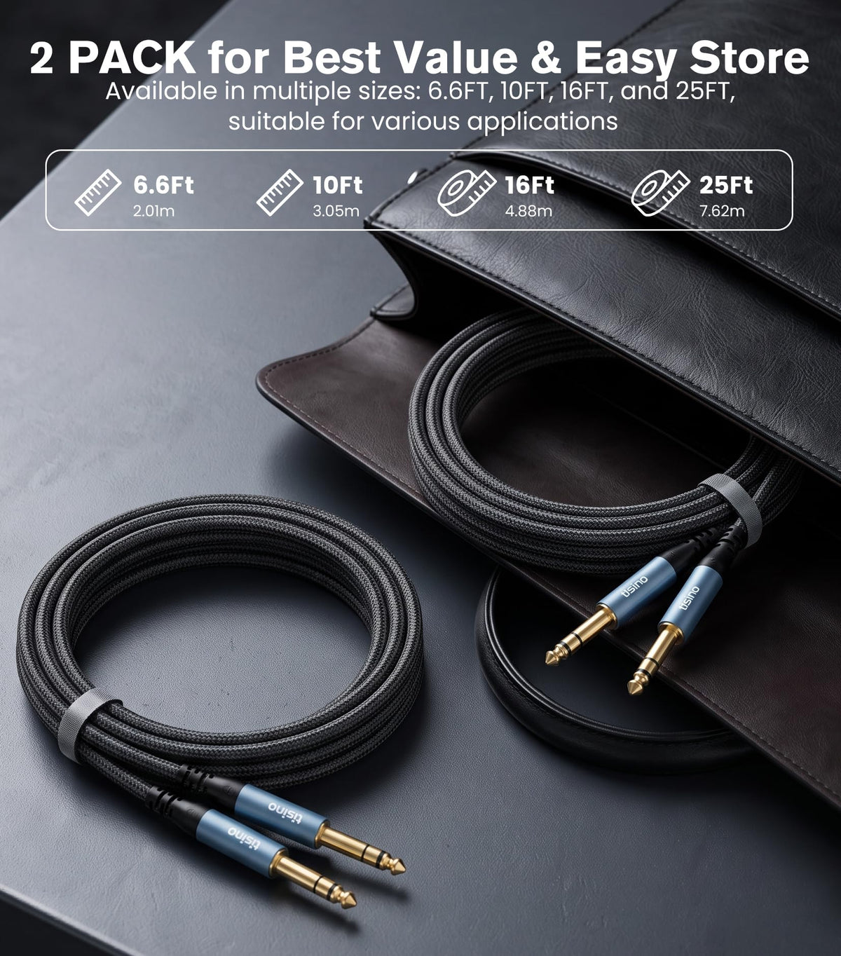 Tisino TRS Cable 1/4" Instrument Guitar Cable Balanced, 10FT/2-Pack