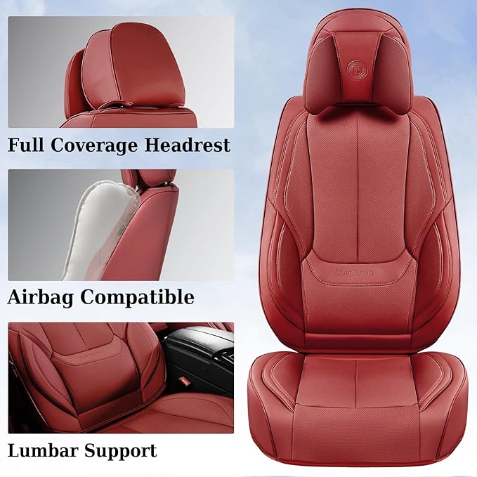 Coverado Universal Seat Covers Front, Universal Seat Covers for Cars, 2-Pack Waterproof Nappa Leather Car Seat Covers with Head Pillow, Auto Protectors Fit for Most Sedans SUV Pick-up Truck-Red
