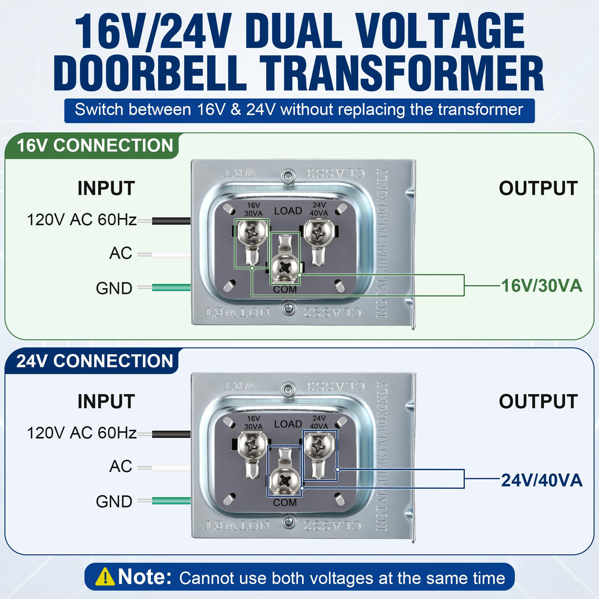 Dual-Volt 16V 30VA and 24V 40VA Doorbell Transformer for Wired Doorbells