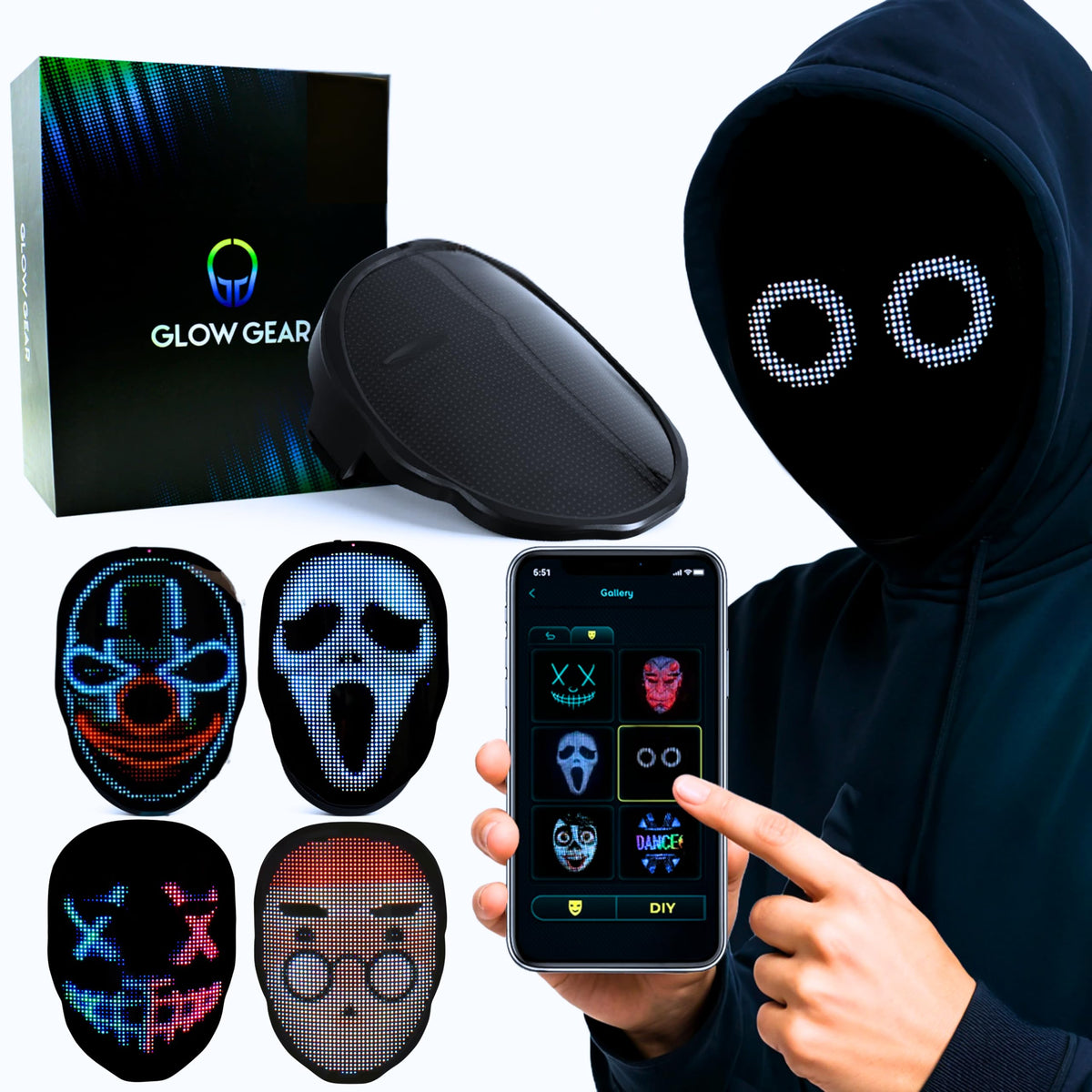 Pixel Stackers Face Transforming LED Mask App-Controlled Light Up Cosplay Mask with 115+ Animated Faces, Customizable LED Patterns, Rechargeable Battery Rave, Festival, Halloween, DJ Accessory
