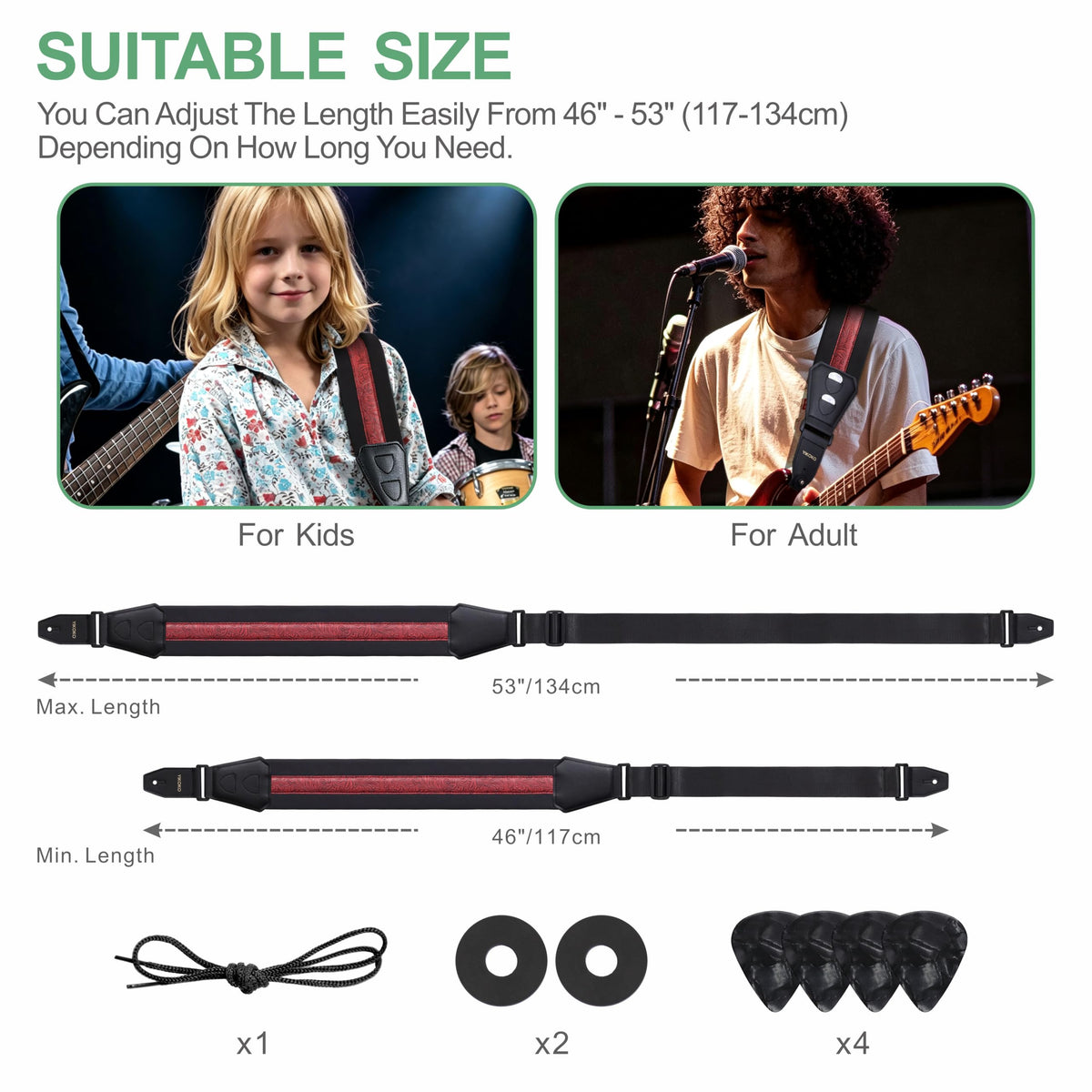 YIKOKO Bass Guitar Straps for Electric Guitar & Bass 3.6" Wide Padded Straps, Adjustable, Retro Vegan Leather Design with Sponge Filled Foam Pad, with 4 Picks and 2 Strap Locks