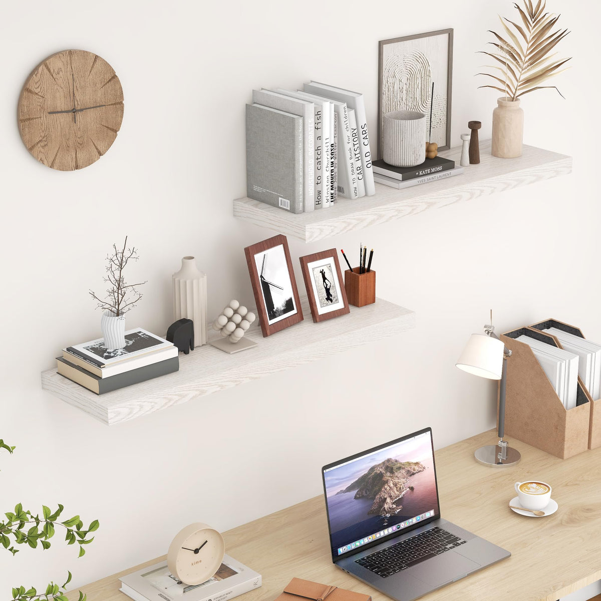 36 Inch Long Floating Shelves for Wall, 9.3 Inch Deep Floating Shelf with Heavy-Duty Bracket, 2 Pack Long Shelves for Bathroom, Living Room, Bedroom, Wall Mounted Storage Shelf for Books Decor, Brich
