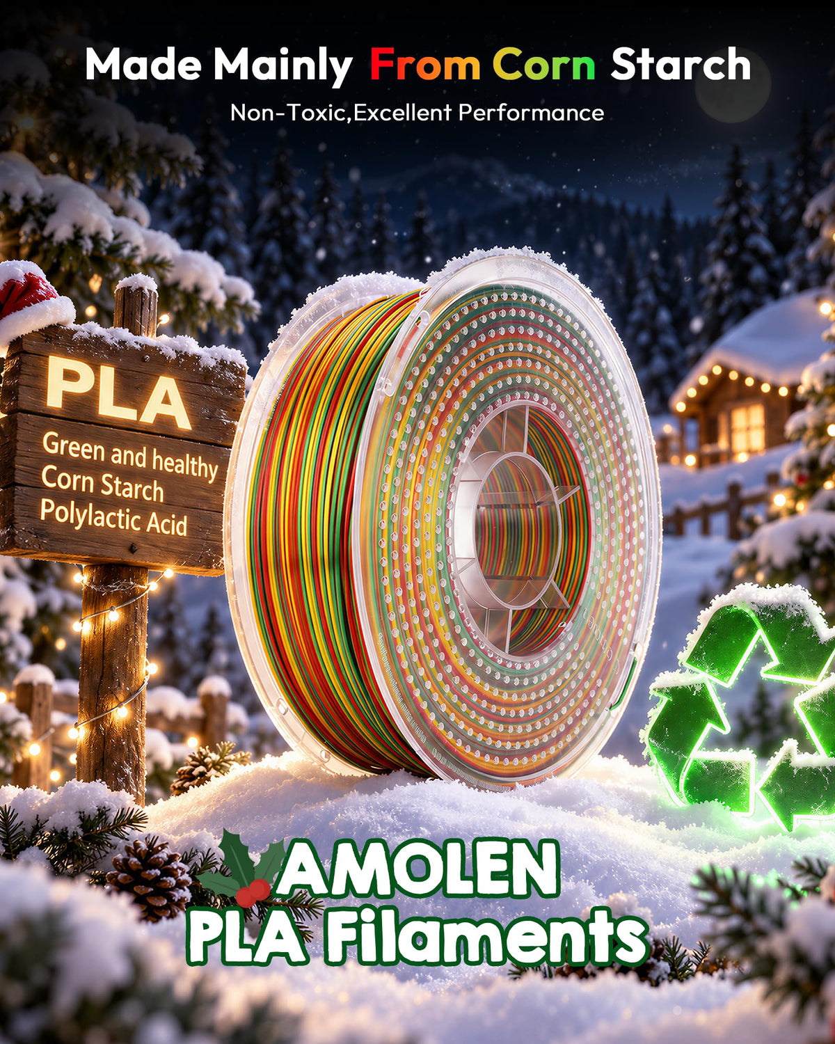AMOLEN Silk PLA 3D Printer Filament, Gold Red Green for Christmas, 1kg