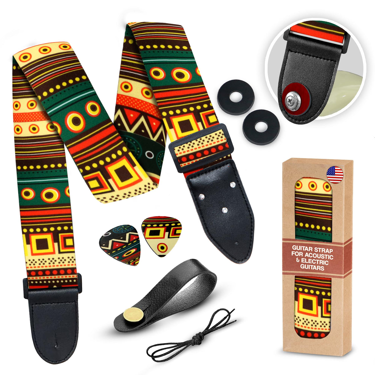 Art Tribute Guitar Strap For Acoustic, Electric and Bass Guitars, Adjustable Padded Leather Ends Guitar Straps For Men and Women, Includes 2 Picks, Strap Locks and Strap Button