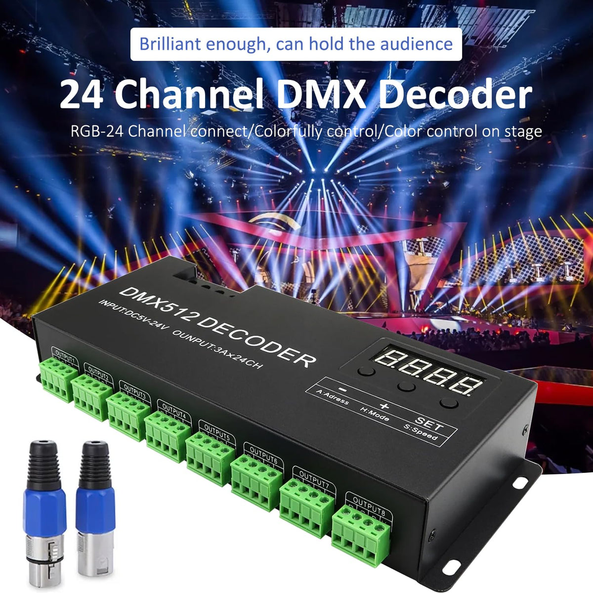24 Channel DMX Decoder Controller with Digital Display, Dimming Driver DMX512 LED Controller for RGB Strip Light, DC5V-24V 3A/CH
