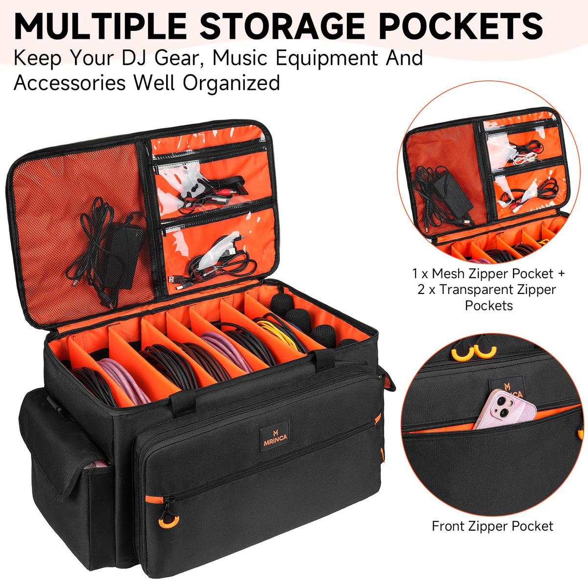 Large DJ Cable Bag with Removable Dividers & Bottom Pad, Multi-Pocket