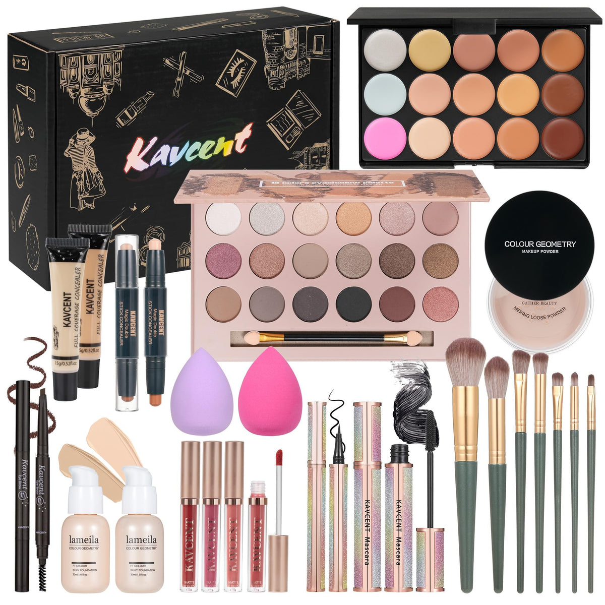 KAVCENT Makeup Kit Makeup Sets for Teens Makeup kits for Women Teenagers Make up Eyeshadow Palette Foundation Concealer Lipgloss Loose Powder Makeup Kit for Women Full Kit