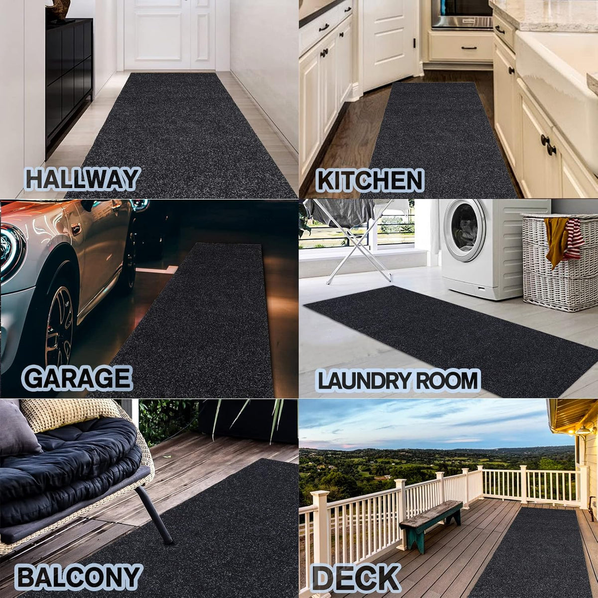 Custom Size Backed Non-Slip Area Rugs Runner, Easy Clean, Waterproof Runner Rugs for Hallway Entryway, Kitchen, Laundry, 2FT x 18FT, Black