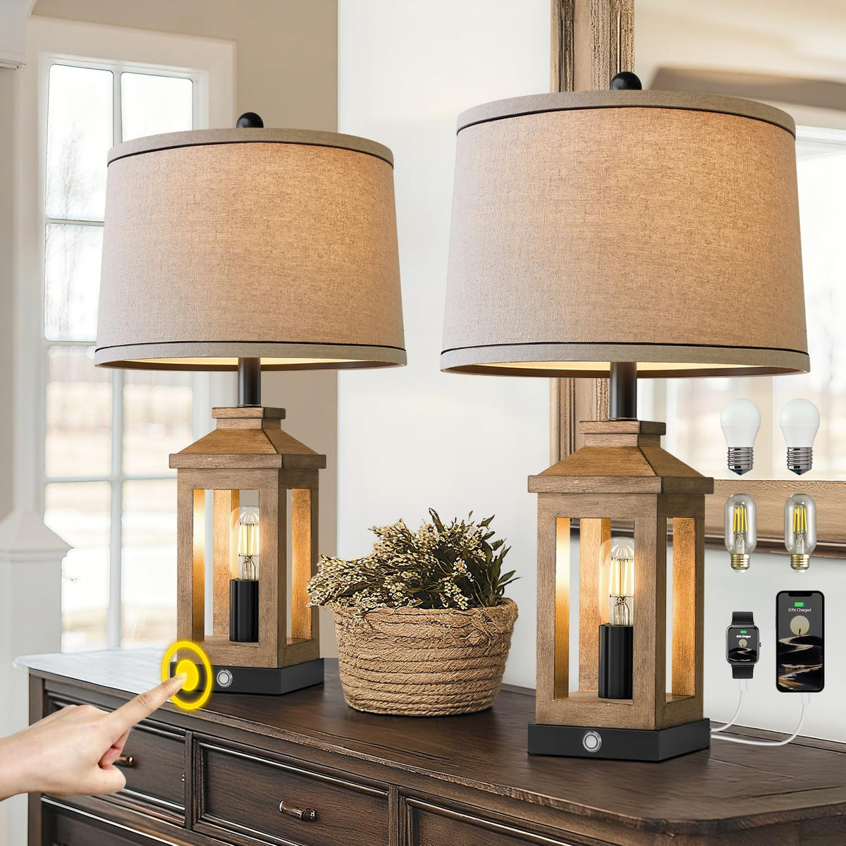 BOBOMOMO 23.75" Natural Wood Farmhouse Table Lamps Set of 2 – Retro Nightstand Lamps with 3 Way Dimmable Touch Control Night Light & USB A+C Ports, Rustic Lamps for Living Room, Bedroom, Entryway