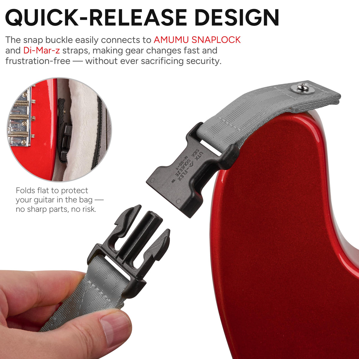 Amumu SNAPLOCK Pro Guitar Strap - Quick-Release Buckle, Screw Fasten Ends, Quick-Fetch Pick Holder, Adjustable 38"-57", Fits Bass, Electric Guitars, Gunsmoke Gray