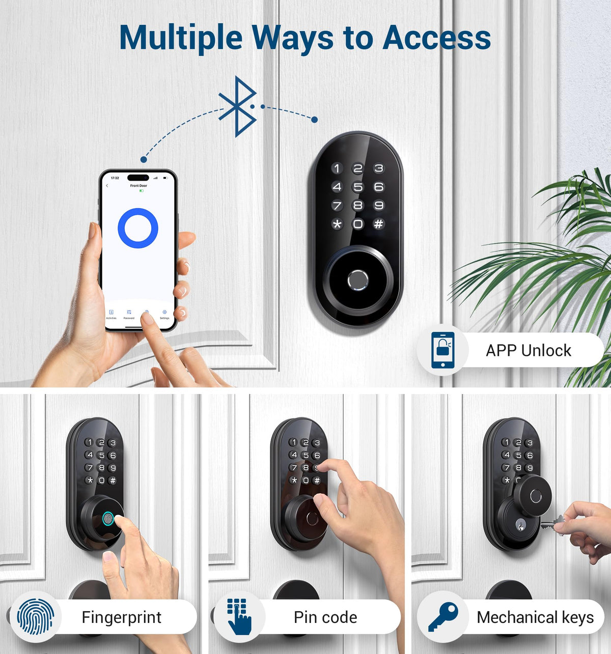 TEEHO TE342 Fingerprint Smart Keyless Entry Door Lock with Keypad, Bluetooth App Remote Control - Electronic Deadbolt for Front Door - Auto Lock - Matte Black
