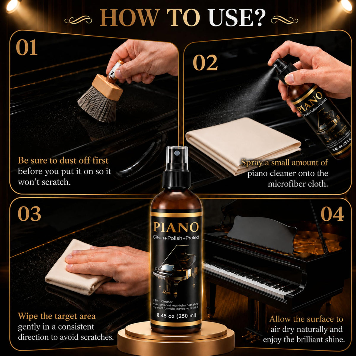 HappyAlley 8.45 oz Piano Cleaner Polish Kit for High Gloss Finishes