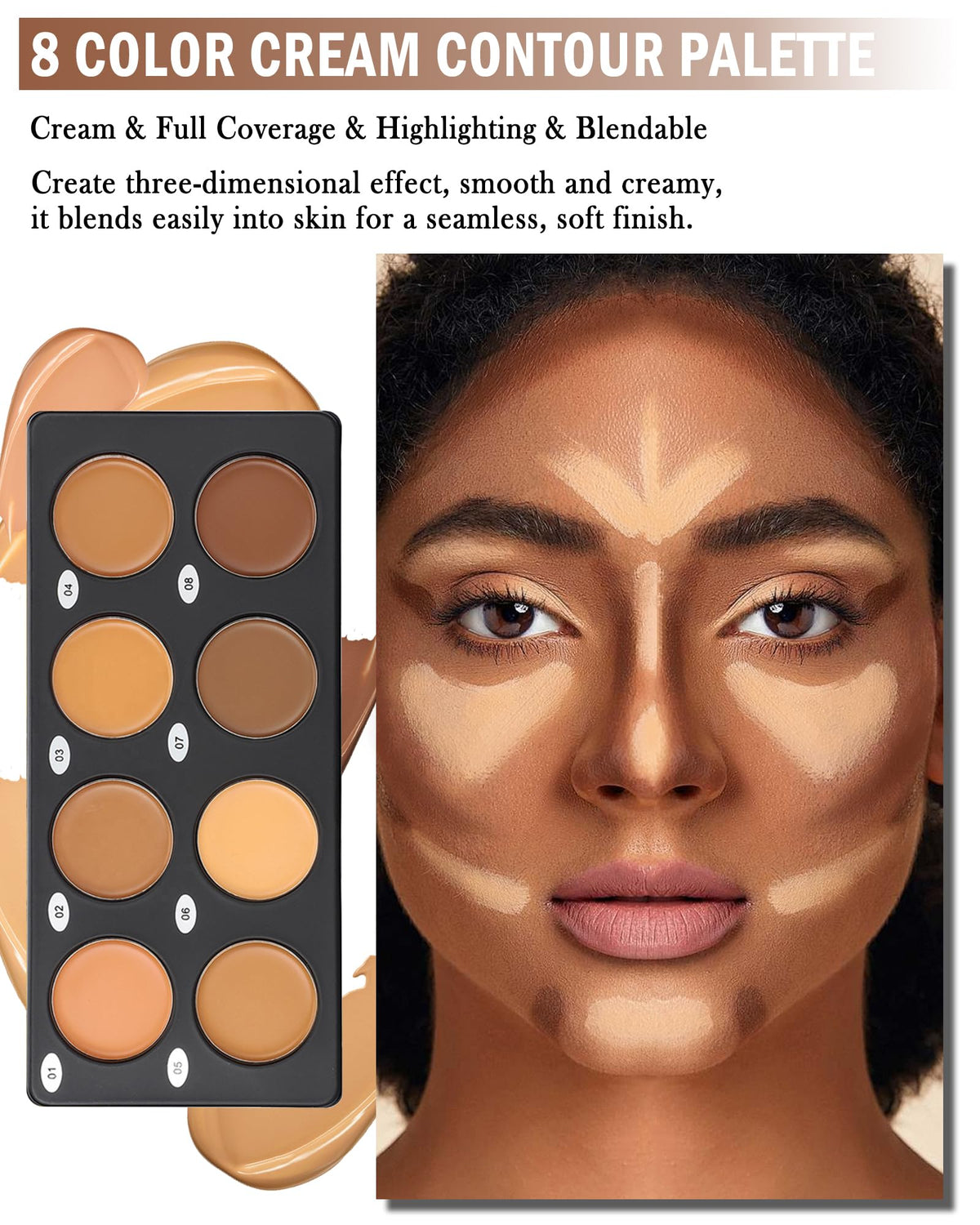 8 Colors Contour Palette, Cream Concealer Palette Makeup for Black Women