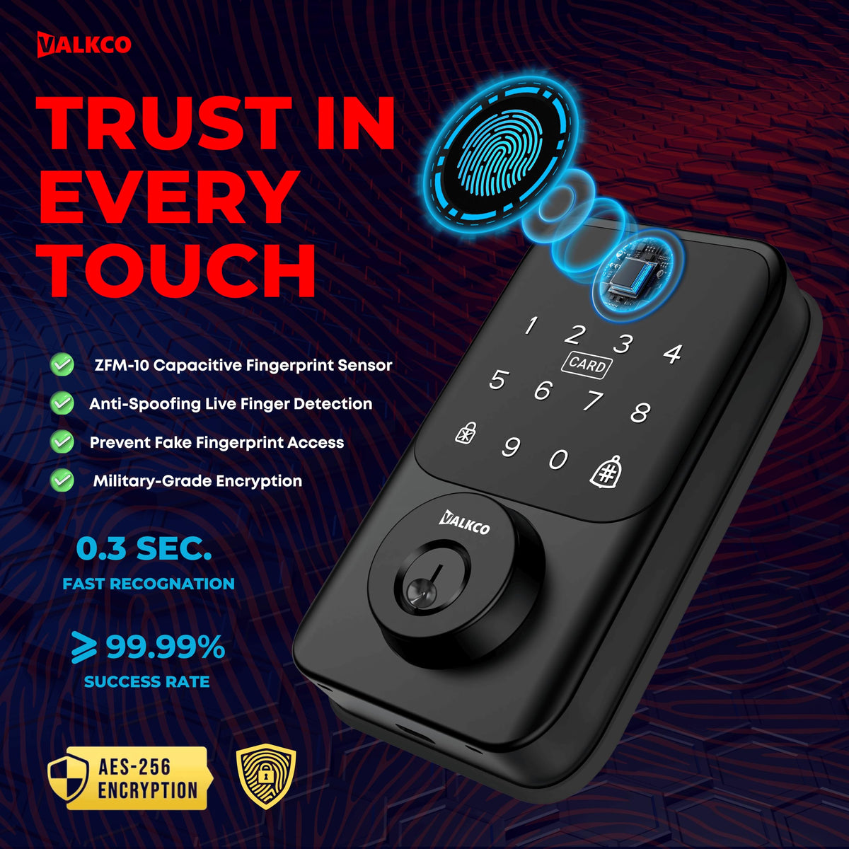 VALKCO Smart Deadbolt V600BF – Smart Door Lock for Front Door, Keyless Entry Door Lock with Fingerprint, Touch Keypad, RFID Card and Mobile App Control, Auto Lock, DIY Easy Install, IP65 Weatherproof.