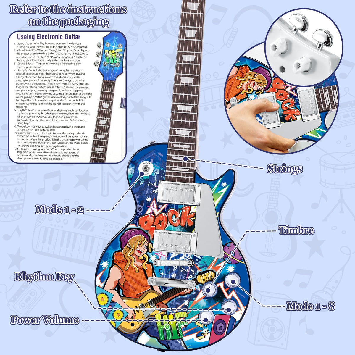 deAO Kids Electric Musical Guitar Play Set,Adjustable Height Microphone,Amplifier Set with Stand, Musical Guitar Play Set,Microphone, Amp, AUX, Birthday for Kids Boys Girls (Blue)