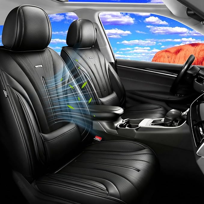 Fit CRV Car Seat Covers (Front Pair) for Select Honda CR-V 2011-2026 - Premium Full Coverage Leather, Airbag Compatible, Waterproof & All Weather Breathable Seat Cushion Protector, Black