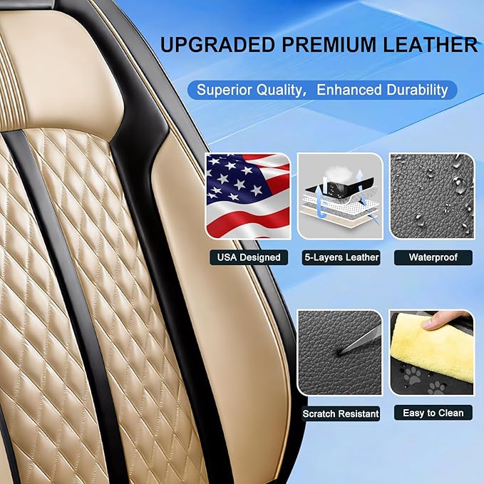 Fit Accord Car Seat Covers for Select Honda Accord 2012-2026 - Premium Full Coverage Leather, Airbag Compatible, Waterproof & All Weather Seat Protector, Full Set, Black+Beige