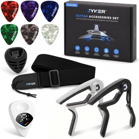 JYKER Guitar Accessories Kit - Guitar Capo, Guitar Picks, Guitar Strap, Pick Holder, 2-in-1 Pick Tuner for Acoustic, Electric, Bass Guitar & Ukulele, Rosewood