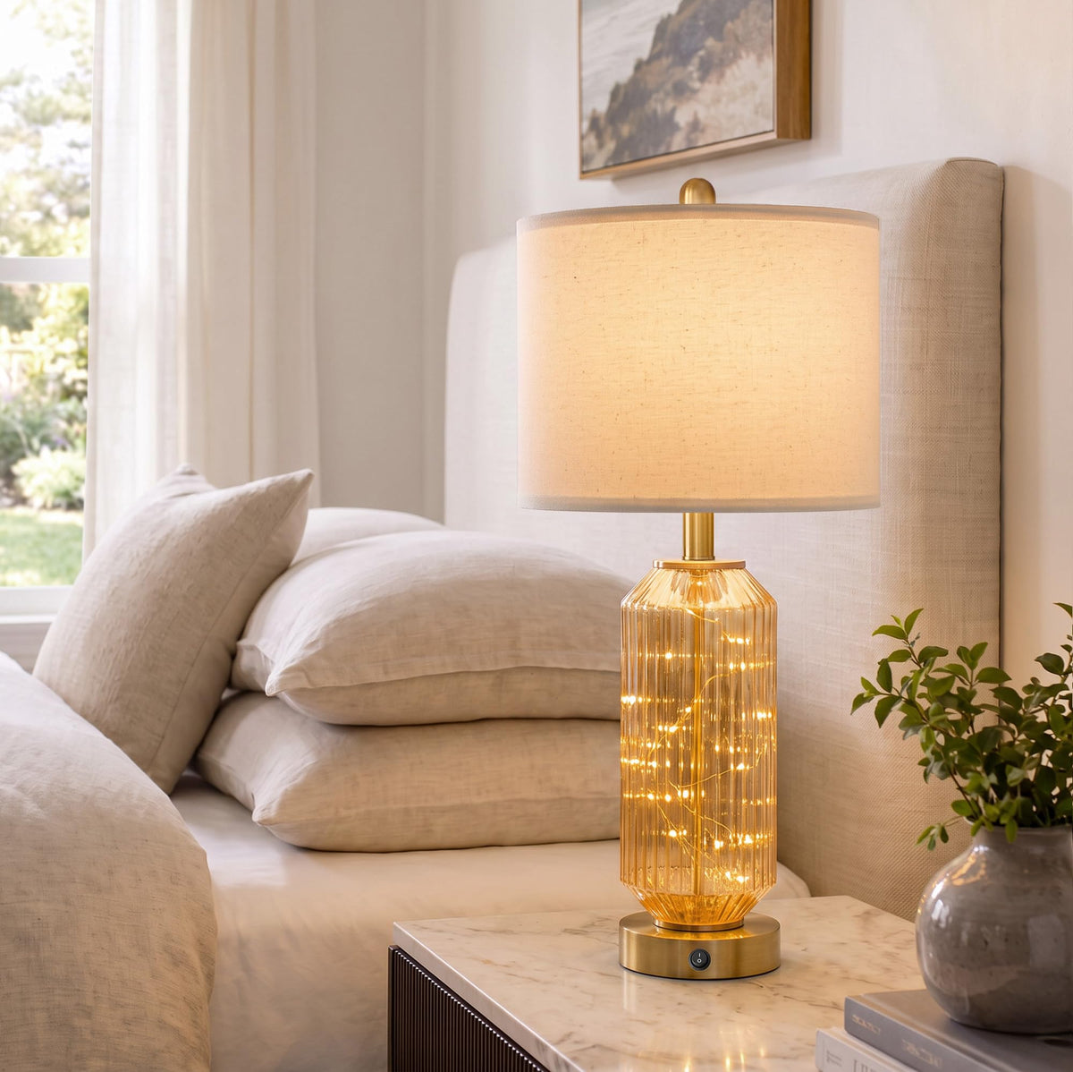 Oneach 24.5" Bedside Table Lamps Set of 2, Amber Glass Lamp with Nightlight