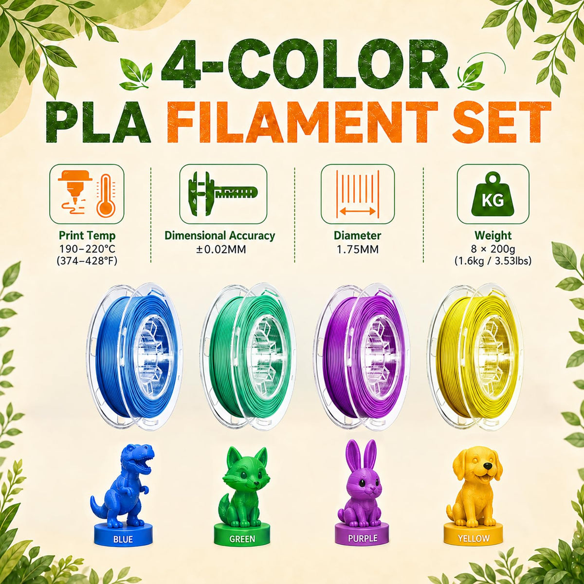 AOSEED PLA Filament Set 1.75mm (±0.02mm), 4-Pack, 200 g (0.44 lb) per Spool