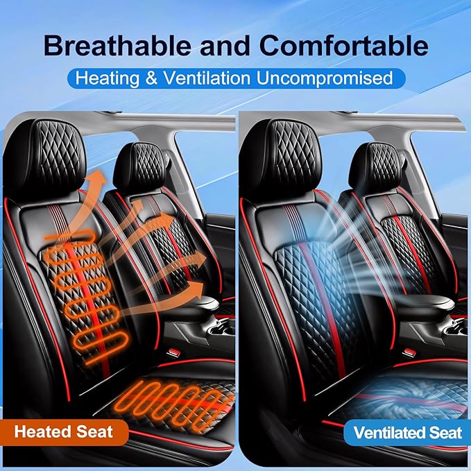 Fit HR-V Car Seat Covers for Select Honda HRV 2016-2025 2026 LX/EX/EXL/Sport - Full Coverage Leather, Waterproof & All Weather Seat Cushion Protector, Full Set, Black with Red Trim