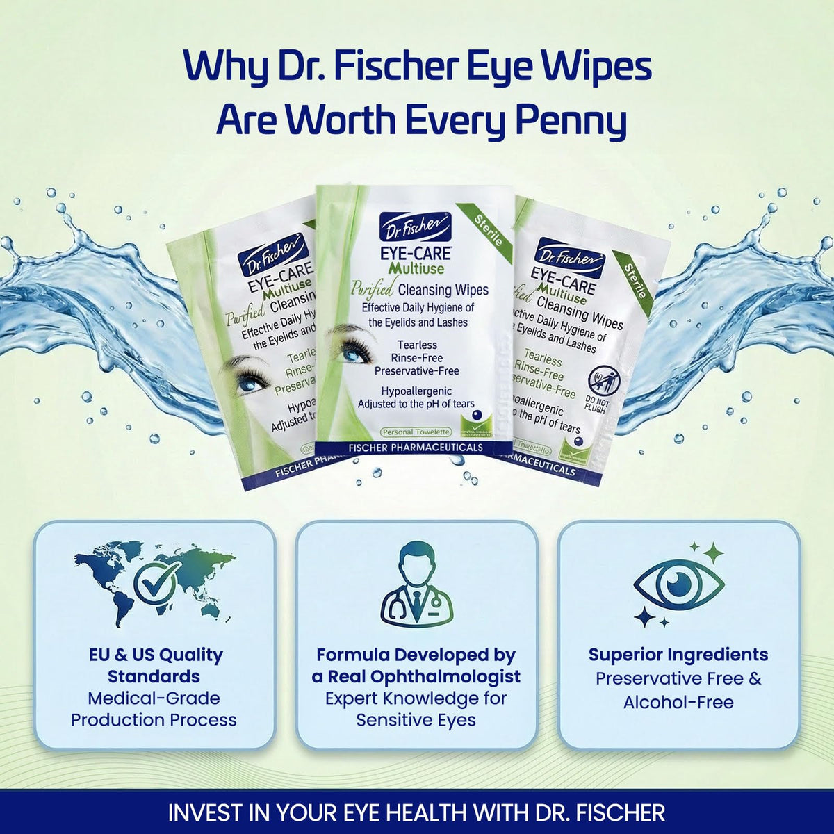 Dr. Fischer Eyelid Wipes - Purified, Non-Irritating, Pre-moistened Eye Wipes for Cleansing Sensitive Skin. Hypoallergenic Make-up Remover (30)
