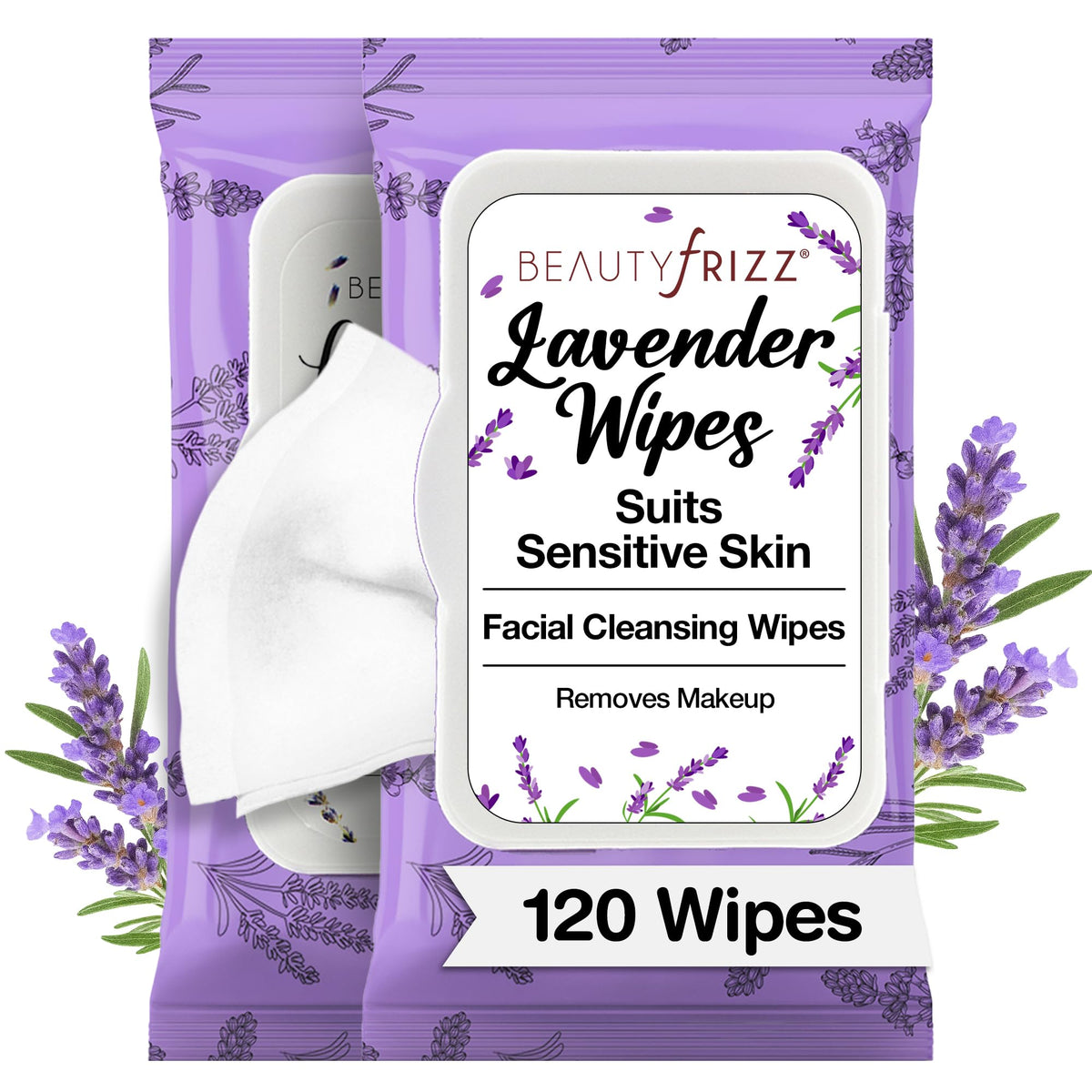 BeautyFrizz Lavender Face Wipes - No Rinse Makeup Remover - Extra Soft